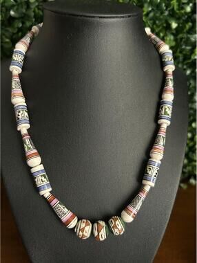 Peruvian Hand Painted Ceramic Bead Necklace Folk Art Boho Geometric
